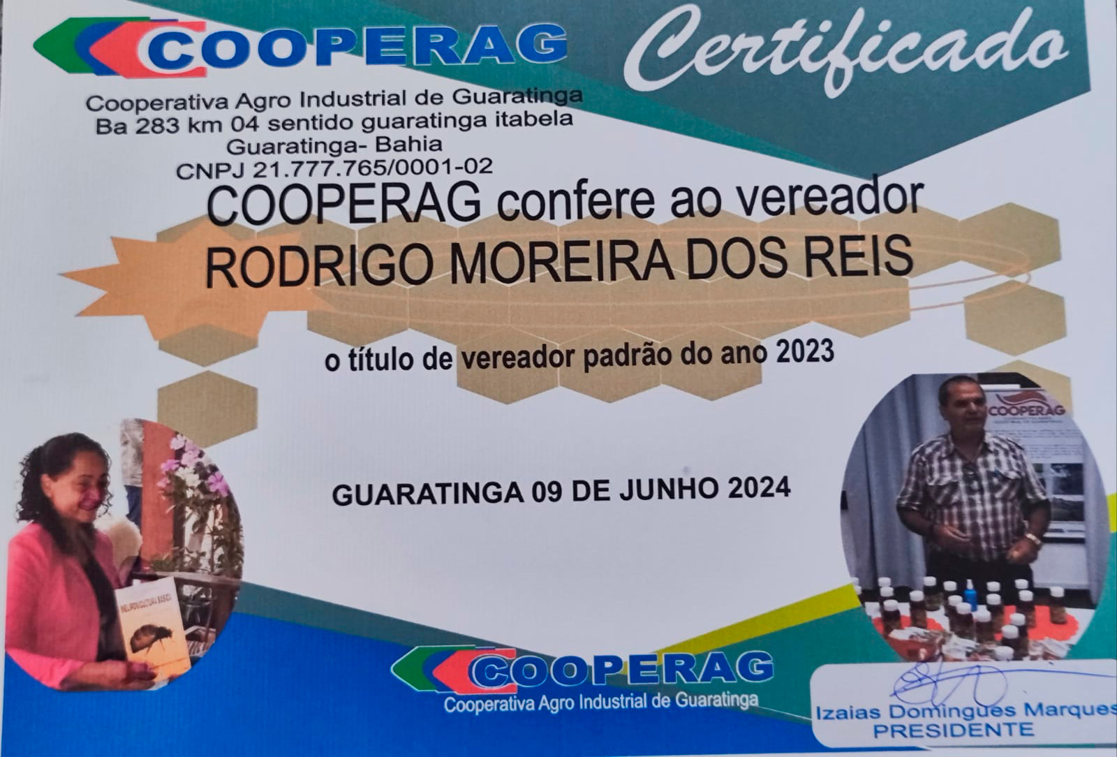 COOPERAG Confere a Rodrigo Reis o ttulo de vereador destaque do ano 2023. (Foto: Divulgao)