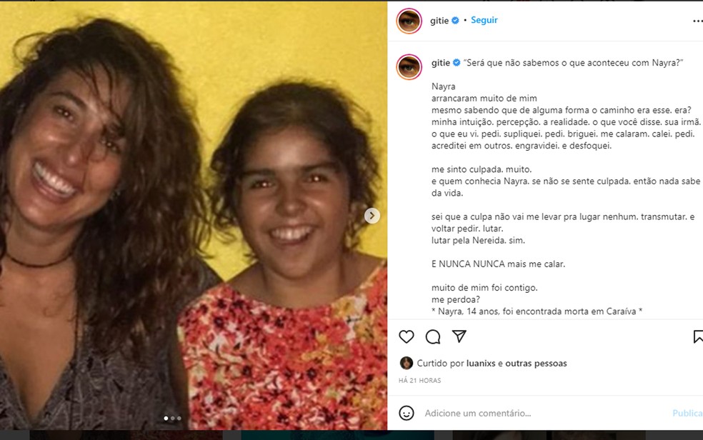 Giselle Iti posta foto e lamenta morte de adolescente espanhola em distrito turstico do sul da Bahia  Foto: Reproduo/Redes Sociais