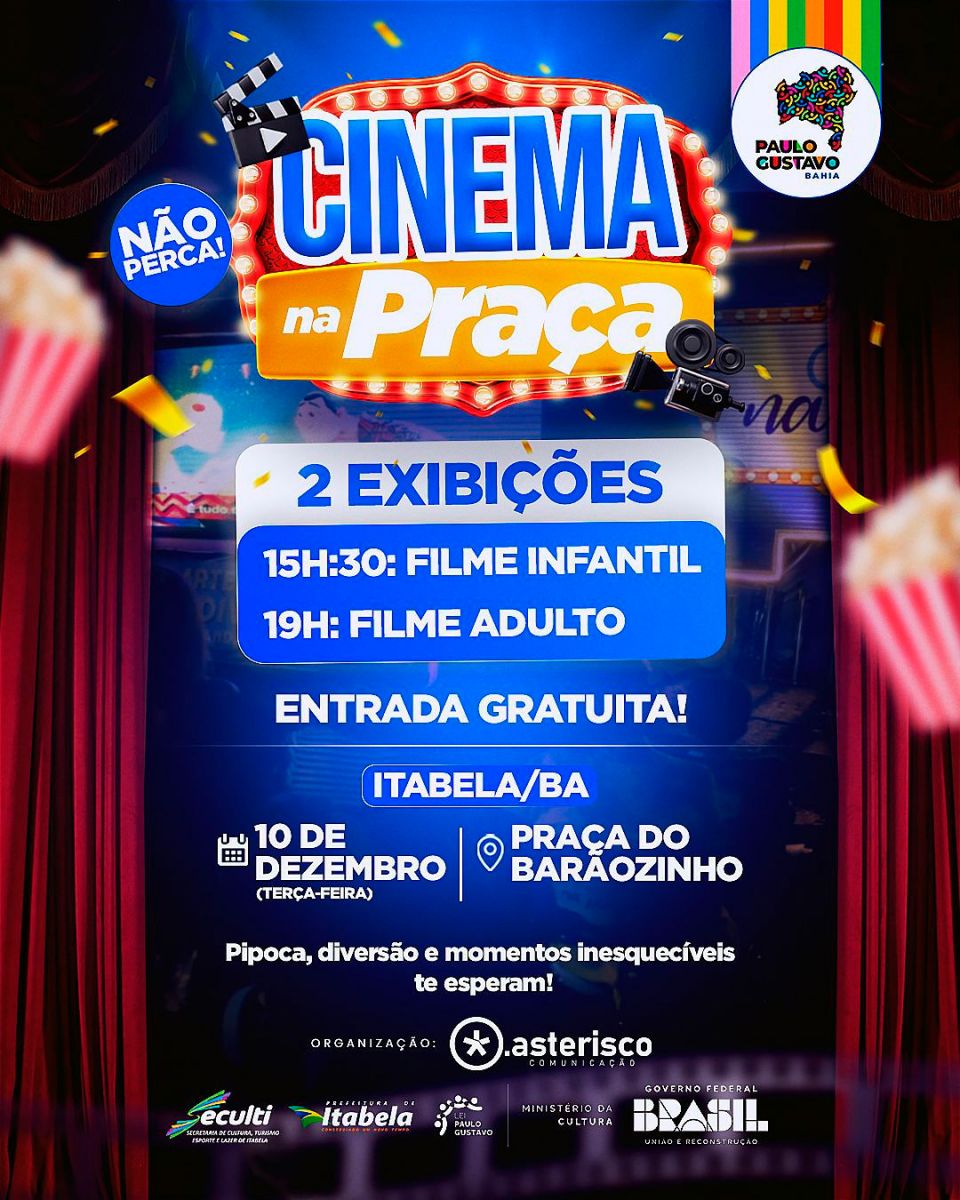 Cinema na Praa em Itabela oferece sesses gratuitas no dia 10 de dezembro