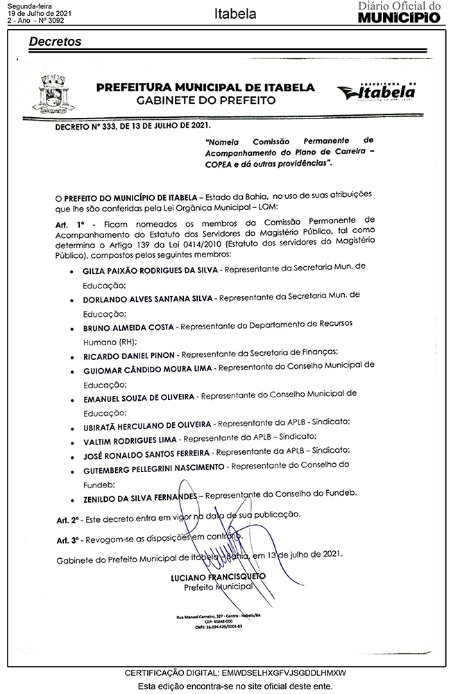 Prefeitura de Itabela divulga lista de membros da COPEA