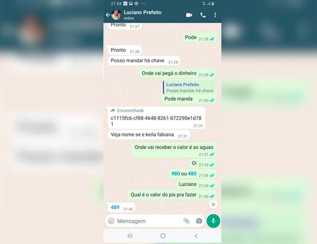 Golpistas esto se passando pelo prefeito de Itabela, Luciano Francisqueto, para pedir dinheiro aos contatos telefnicos atravs do WhatsApp. (Foto: Reproduo)