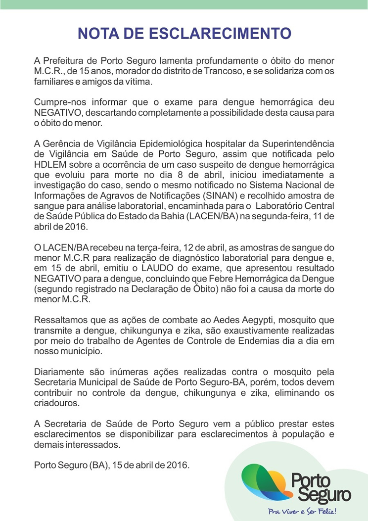 Em nota, prefeitura de Porto Seguro nega morte por dengue hemorrgica