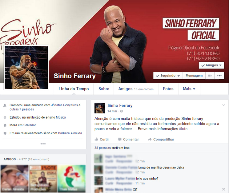 Hacker invade rede social do cantor Sinho Ferrary e divulgam falsa morte do artista