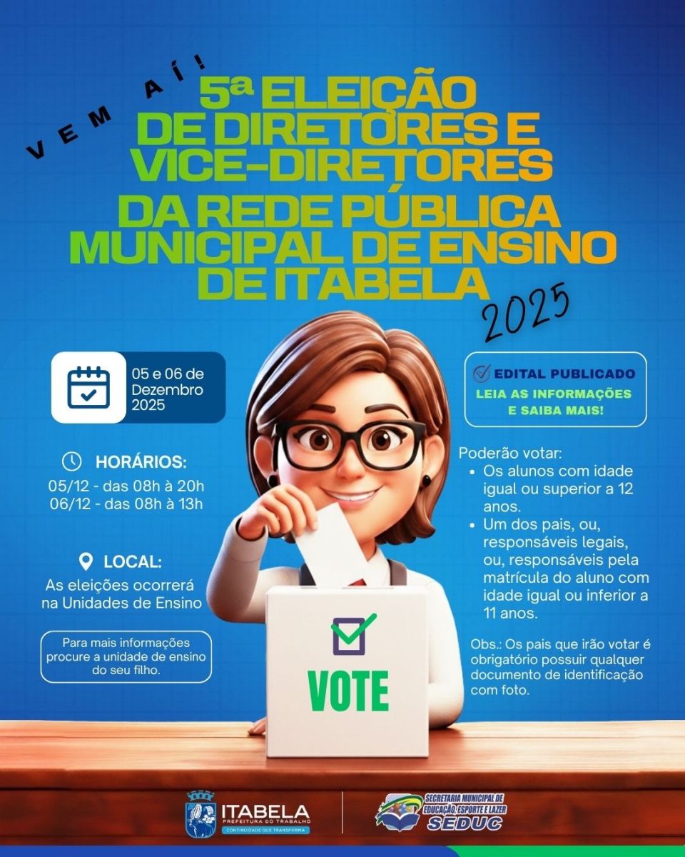 Itabela realiza 5ª eleição de diretores e vice-diretores da rede pública municipal de ensino Itabela realiza 5ª eleição de diretores e vice-diretores da rede pública municipal de ensino